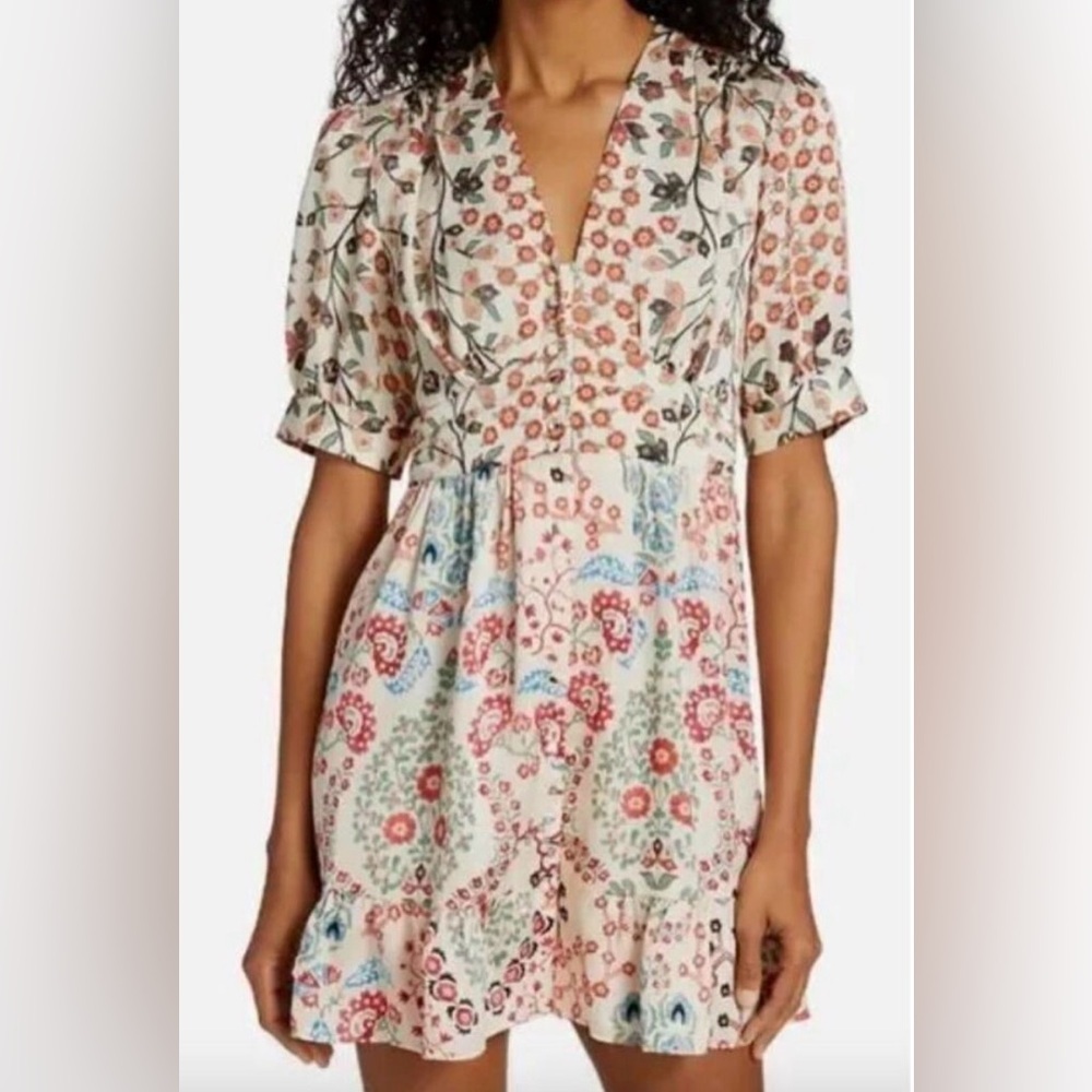 ba&sh Floral V-Neck Short Dress in Cream, Pink, Blue, Green